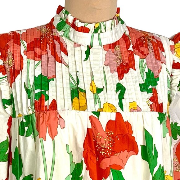 Think Of Me Cottagecore Floral Shift Dress Bodice Ruffled Collar Puff Sleeves L - Picture 3 of 10